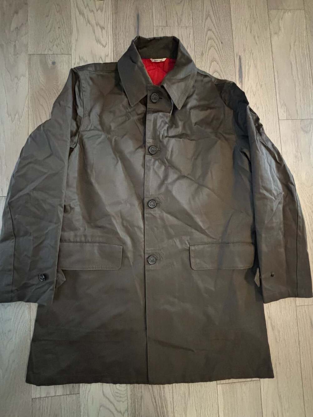 Hermes Vintage Olive Green Mac Coat With Red Interior Lining
